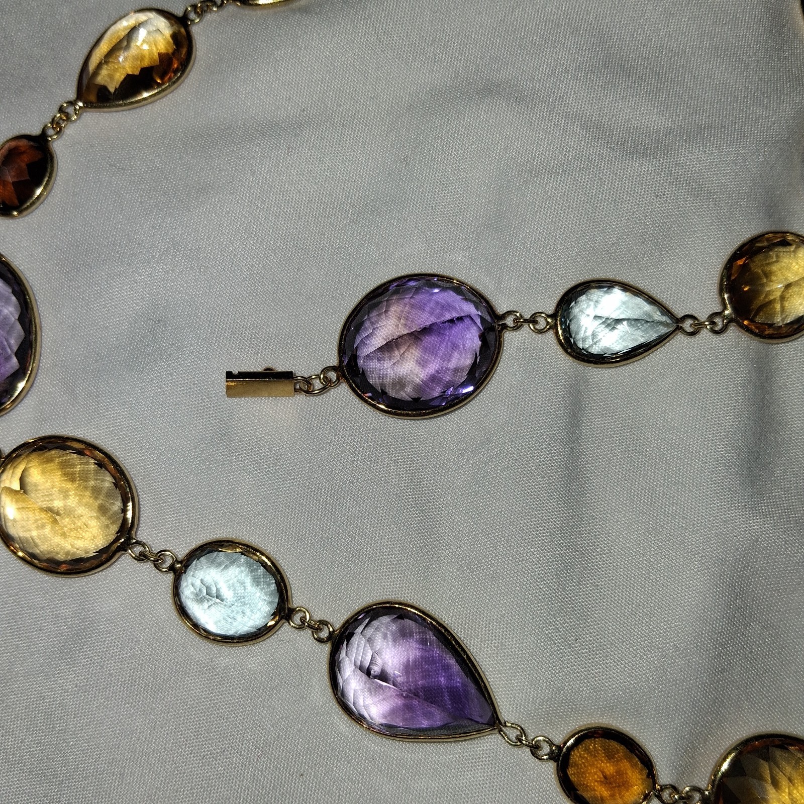 18k Yellow Gold multi color shape stone long necklace