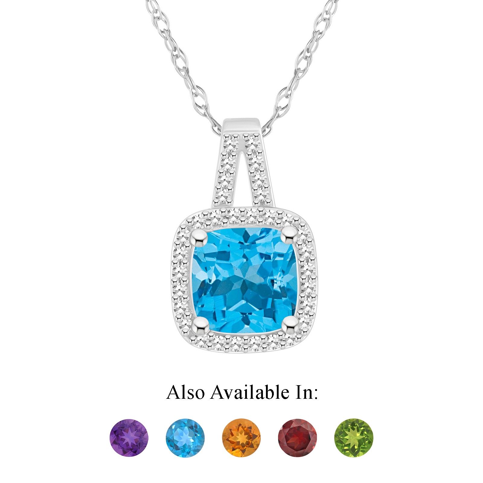 Sterling Silver 7mm Cushion Natural Blue Topaz 1/6 CTW Diamond Pendant Necklace