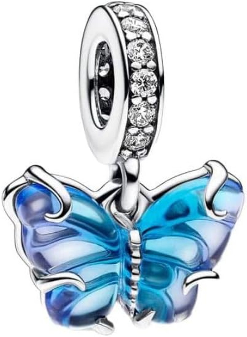 Blue Murano Glass Butterfly Dangle Charm 925 Sterling Silver Pendant,Jewelry Bea