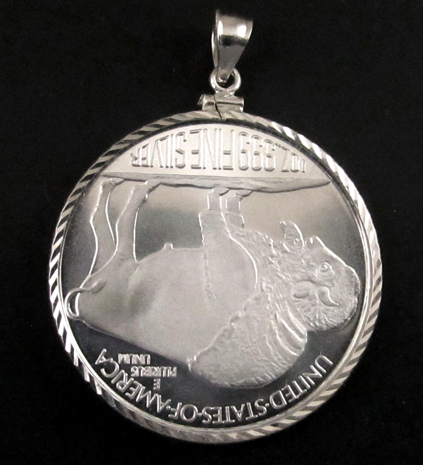 Coin Pendant 1 oz BU Fine Silver Indian Round Sterling Silver Diamond Cut Bezel