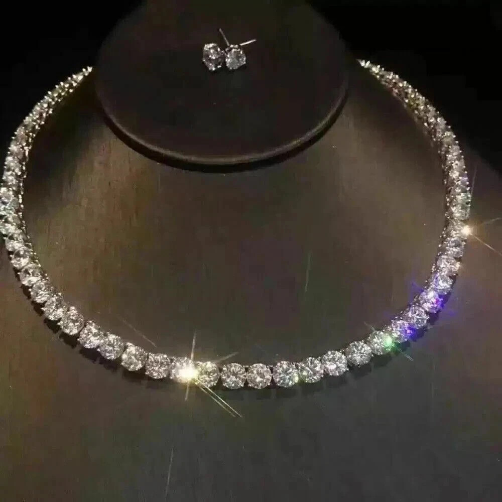 28.50 TCW Round Cut REAL MOISSANITE Tennis Necklace 14K White Gold Plated 18″