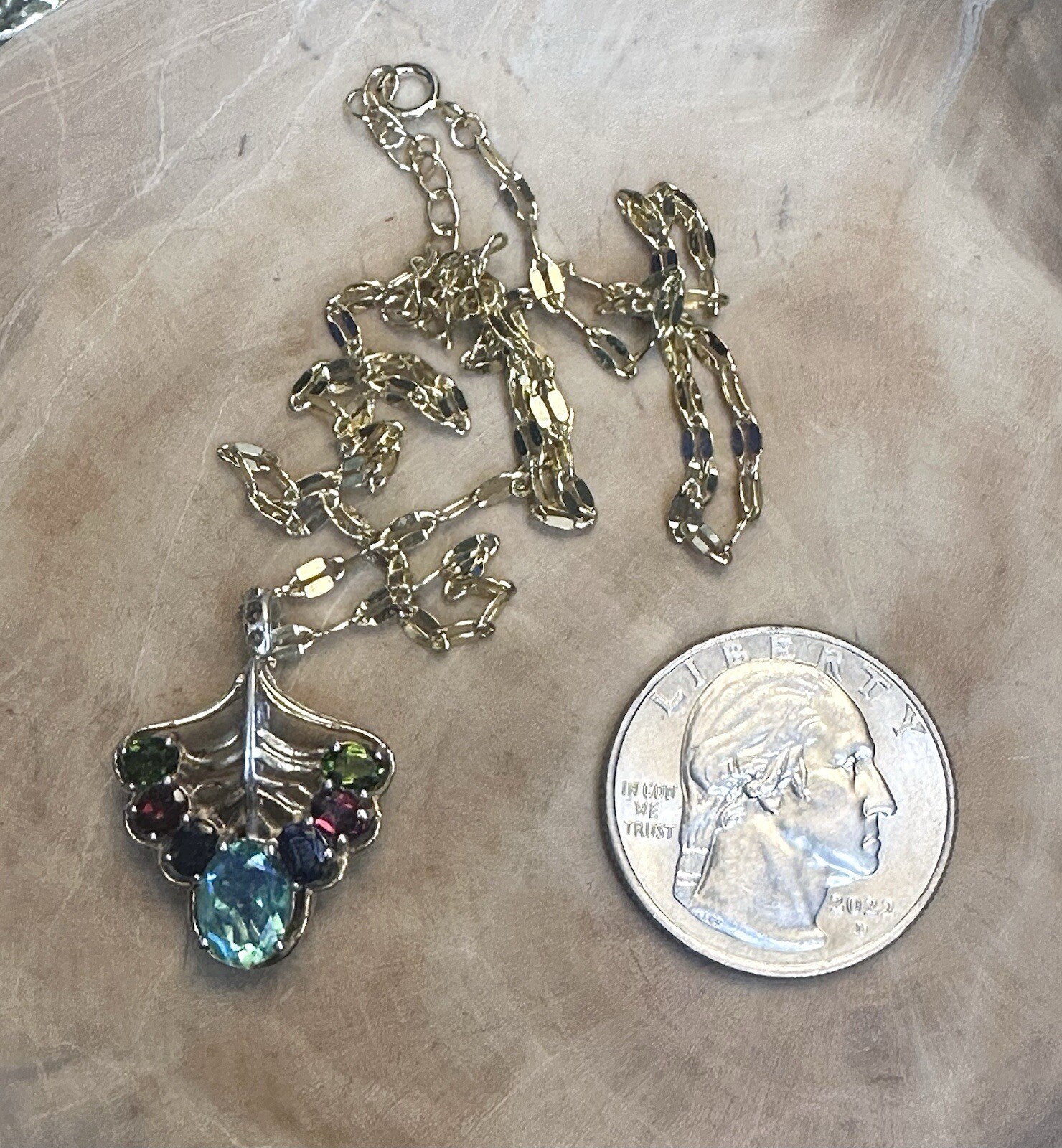 Peacock Quartz Amethyst Garnet Peridot Vermeil Gold 925 Silver Necklace 18 In