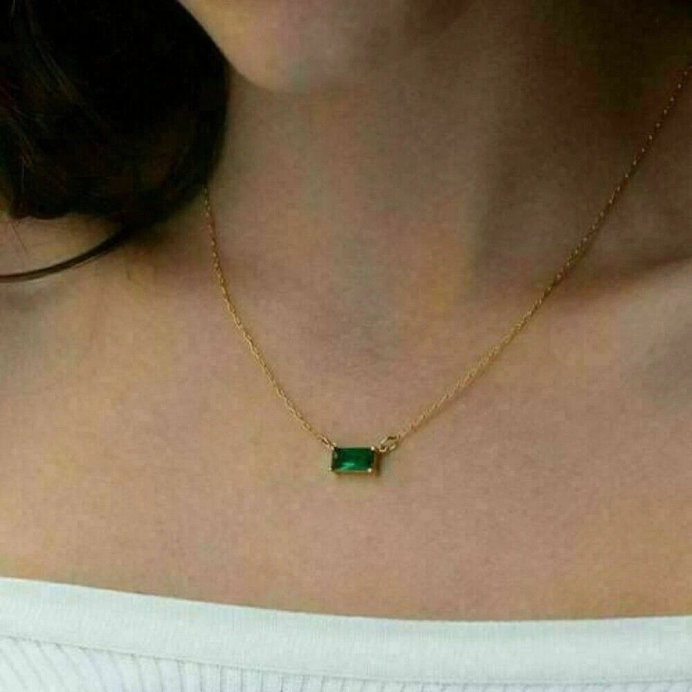 1Ct Baguette Cut Green Emerald Solitaire Pendant Necklace 14k Yellow Gold Over