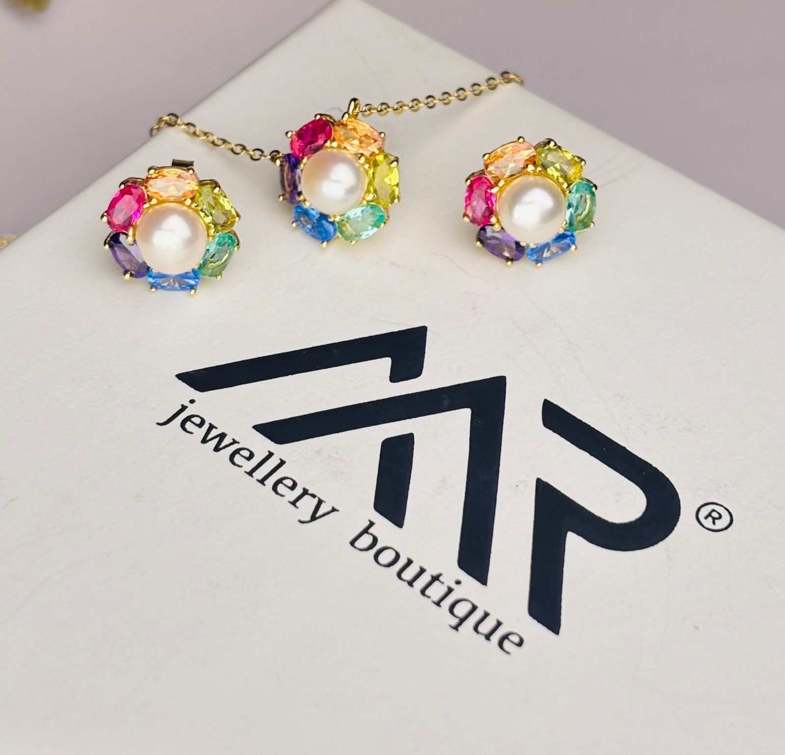 925 Silver Multicolor Gemstone Pearl Flower Pendant & Earrings Gifts For Women