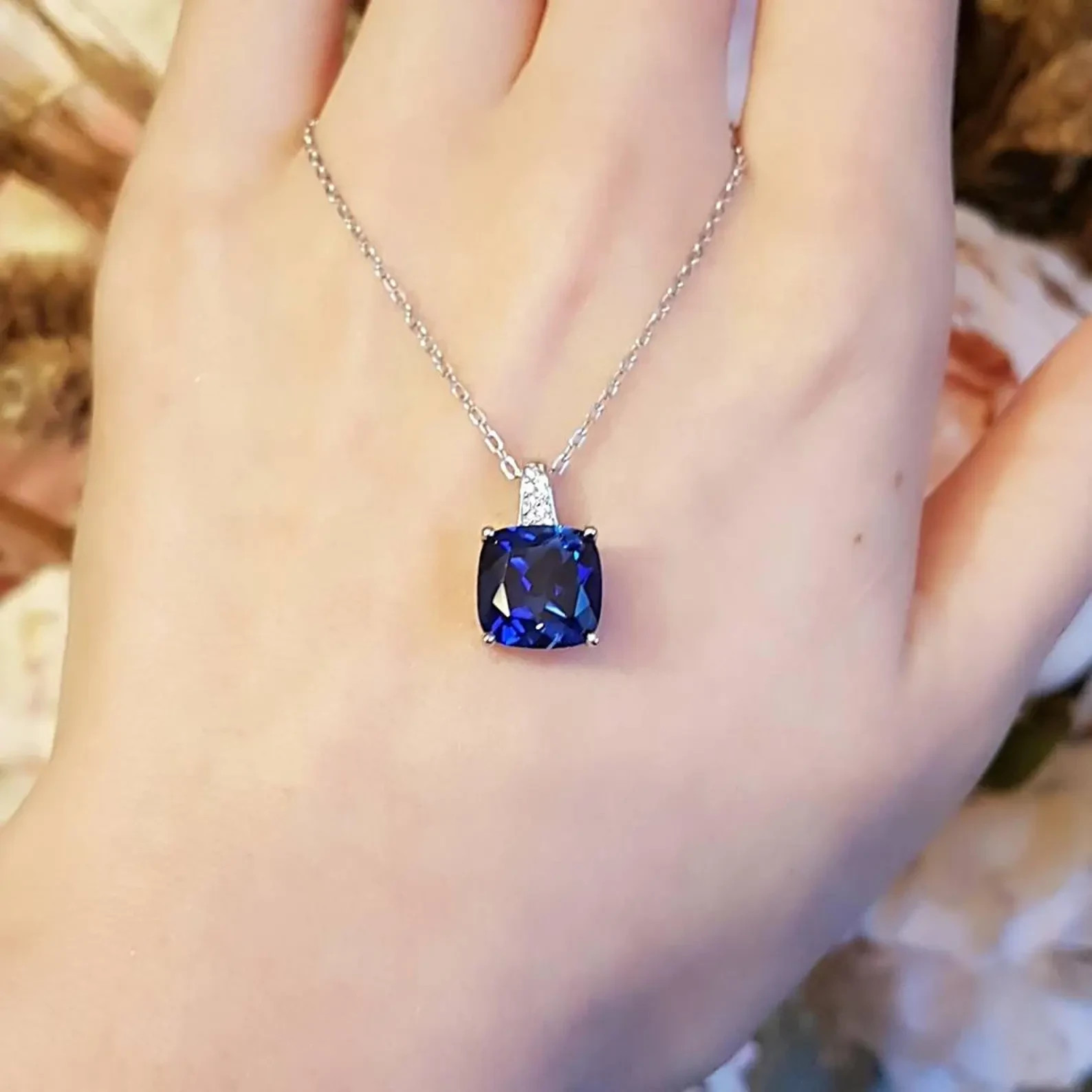 3.00 Ct Cushion Cut Natural Sapphire Diamond Gorgeous Pendant 14K White Gold