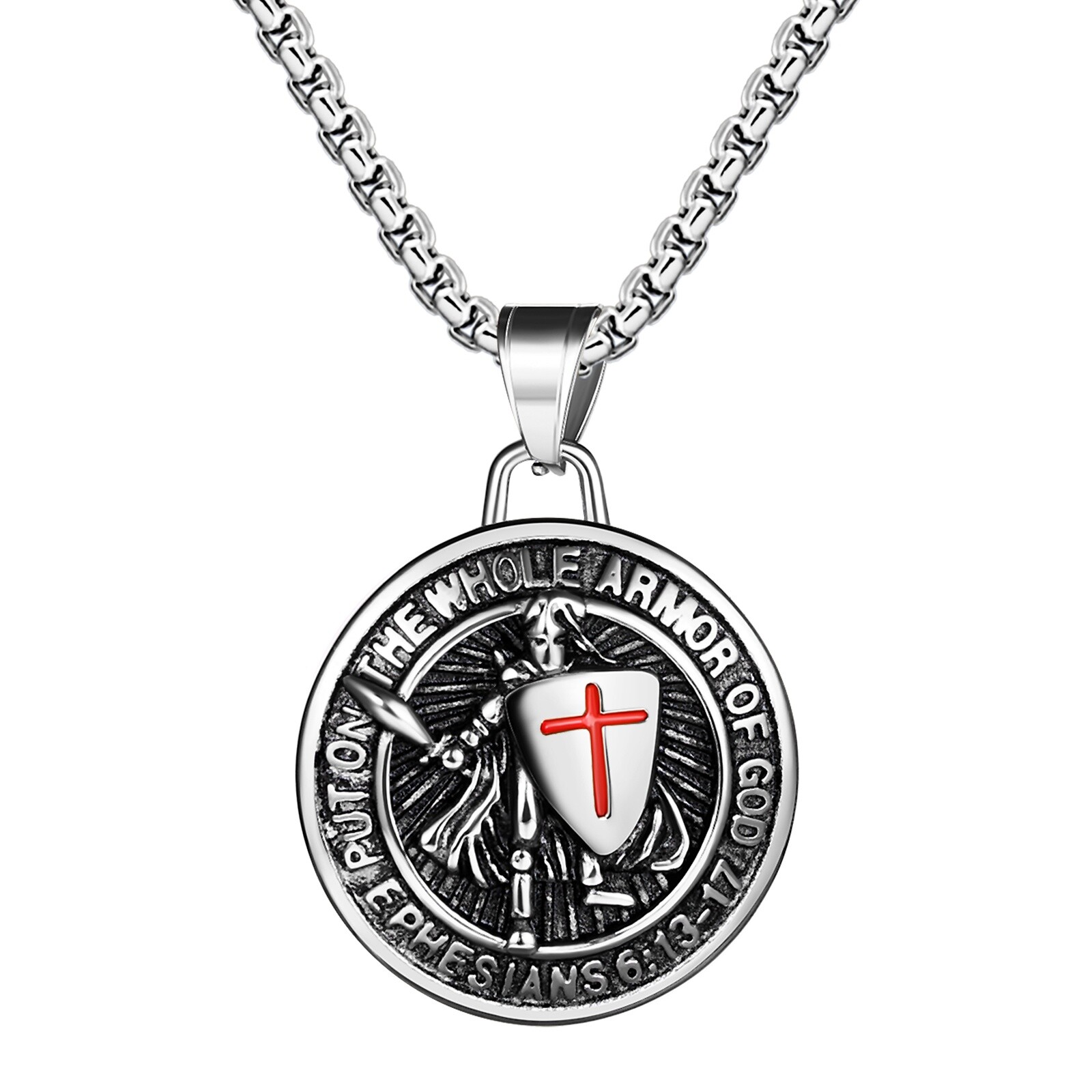 Round Shield Archangel Saint Michael Stainless Steel Medal Amulet Men’s Necklace