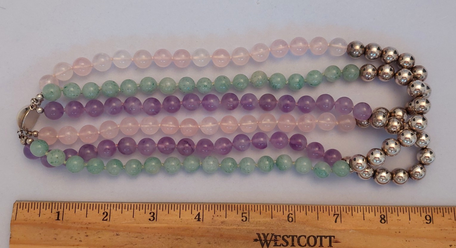 Sterling Silver Rose Quartz, Amethyst, Green Amethyst Multi-Strand Bead Necklace