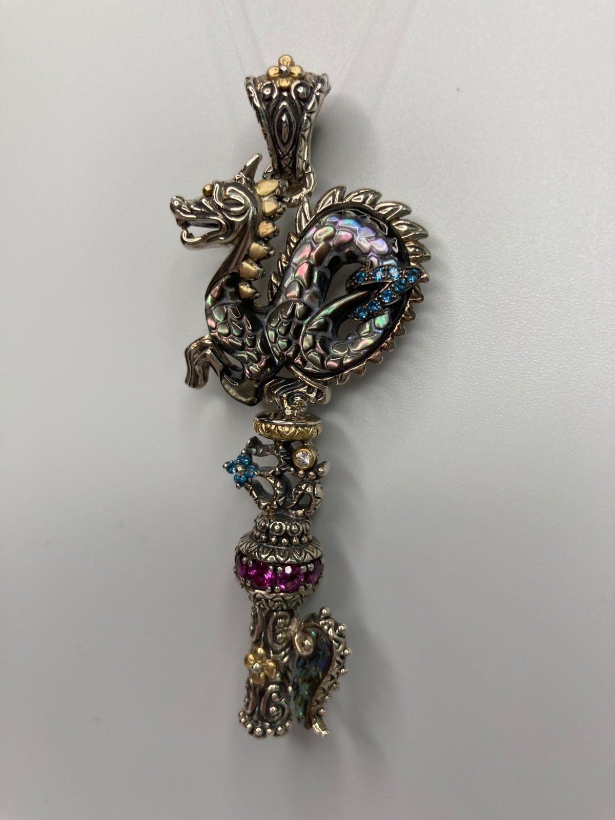 Barbara Bixby Dragon Key Enhancer Pendant Gemstones 18k Gold Sterling 925 in Box