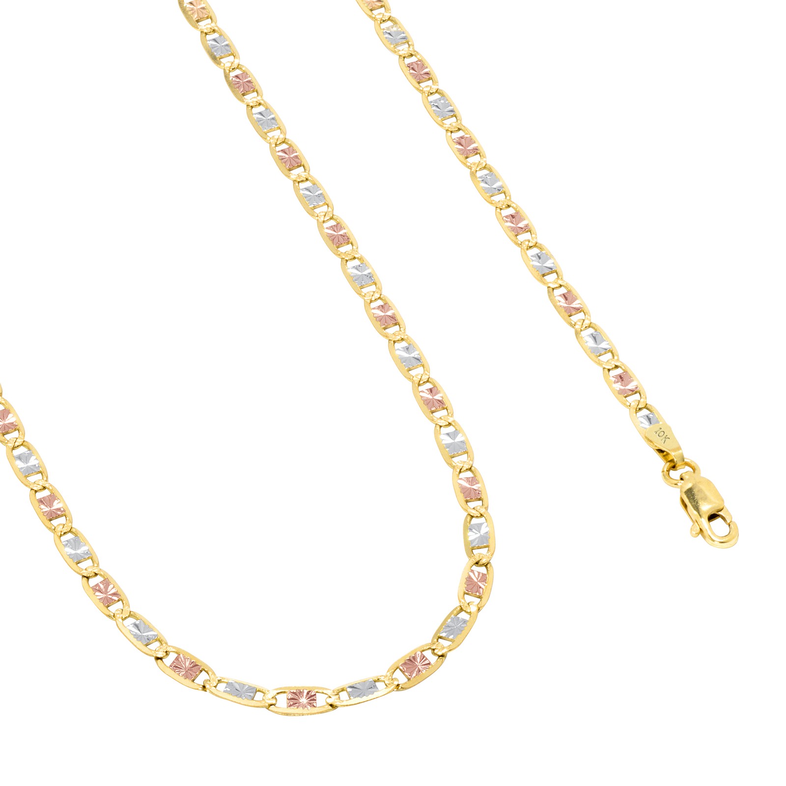 10K Solid Tri-Color Yellow Rose White Gold 3mm Valentino Chain Necklace 16″- 26″