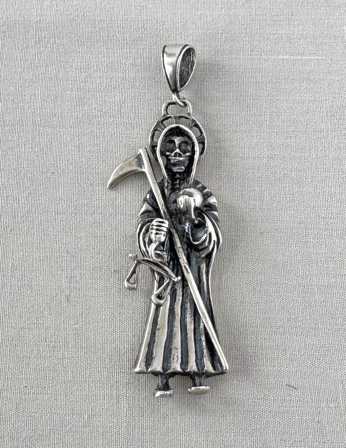 Santa Muerte GRIM REAPER Sterling Silver Pendant;A387