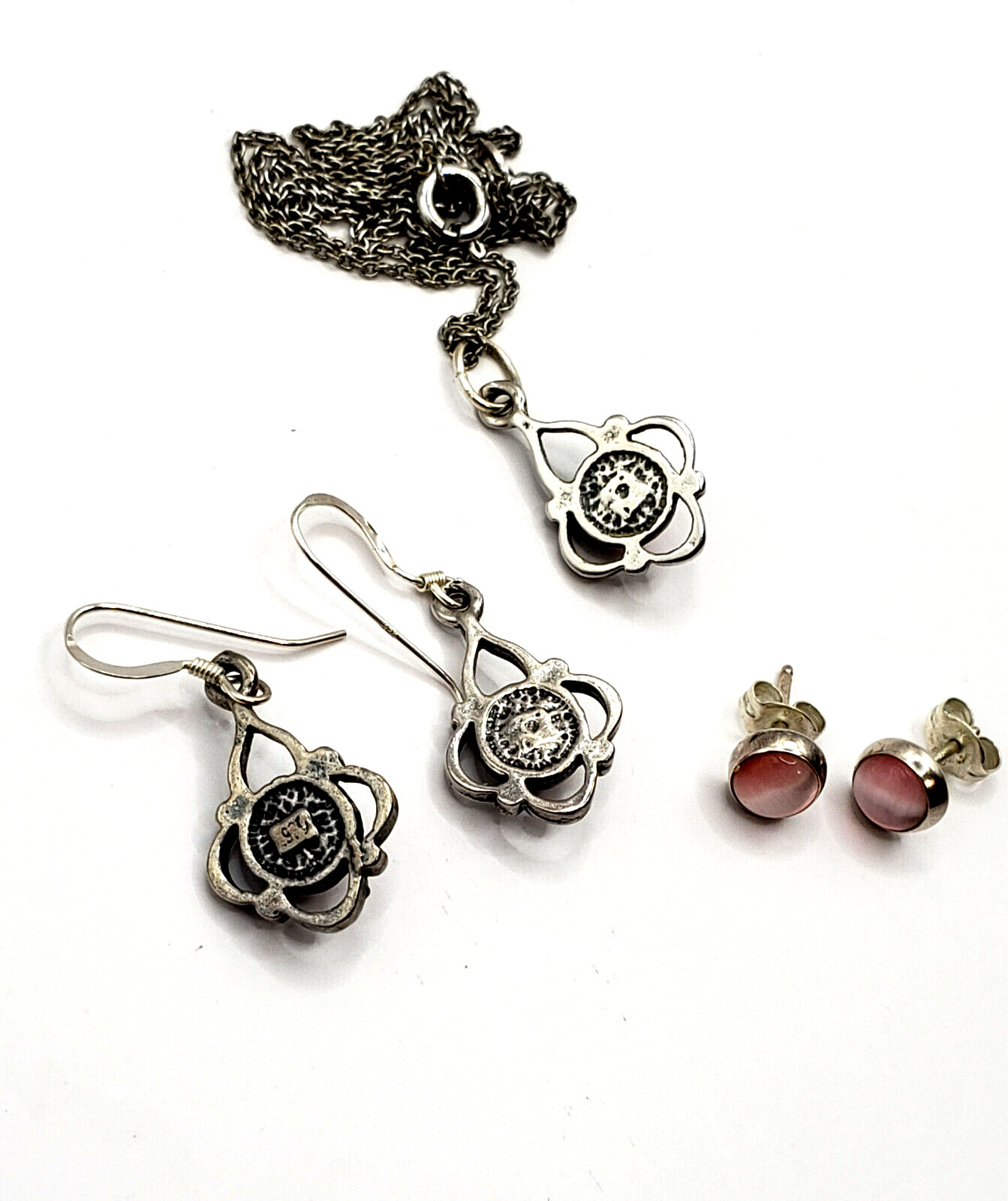 3 Pc Set Pink Cat Eye Necklace + Dangle + Stud Earrings Set 925 Sterling Silver
