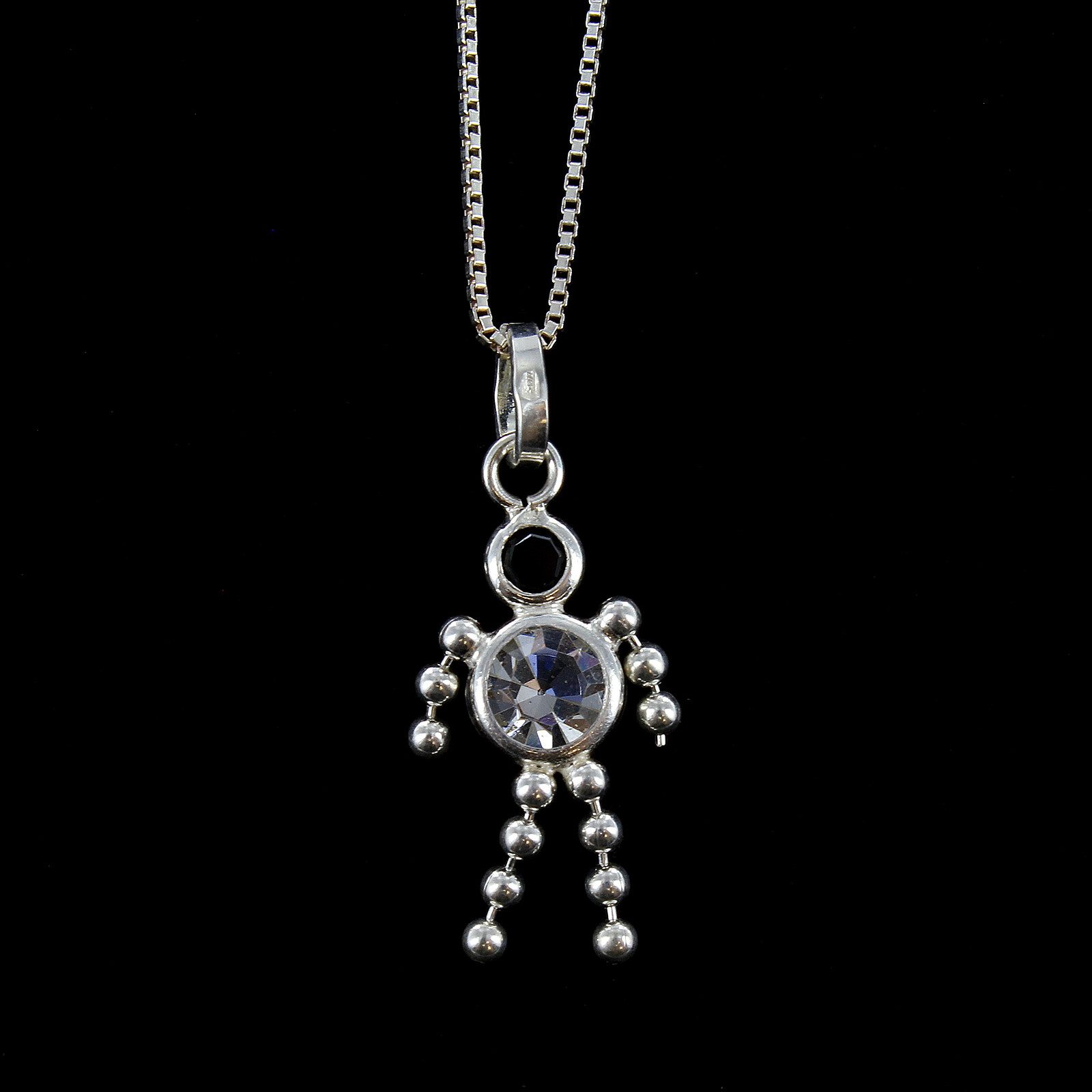 Crystal Gemstone People Charm on Sterling Silver Thin Box Style Chain Necklace