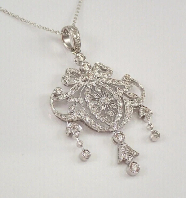 2.10Ct Lab Created Diamond Drop Antique Pendant Chain 14K White Gold Plated