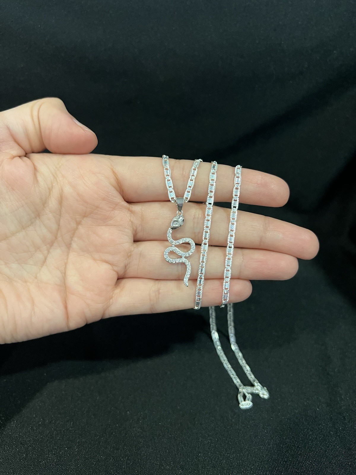 925 Sterling Silver Women Men Cobra Snake Serpent CZ & Valentino Chain