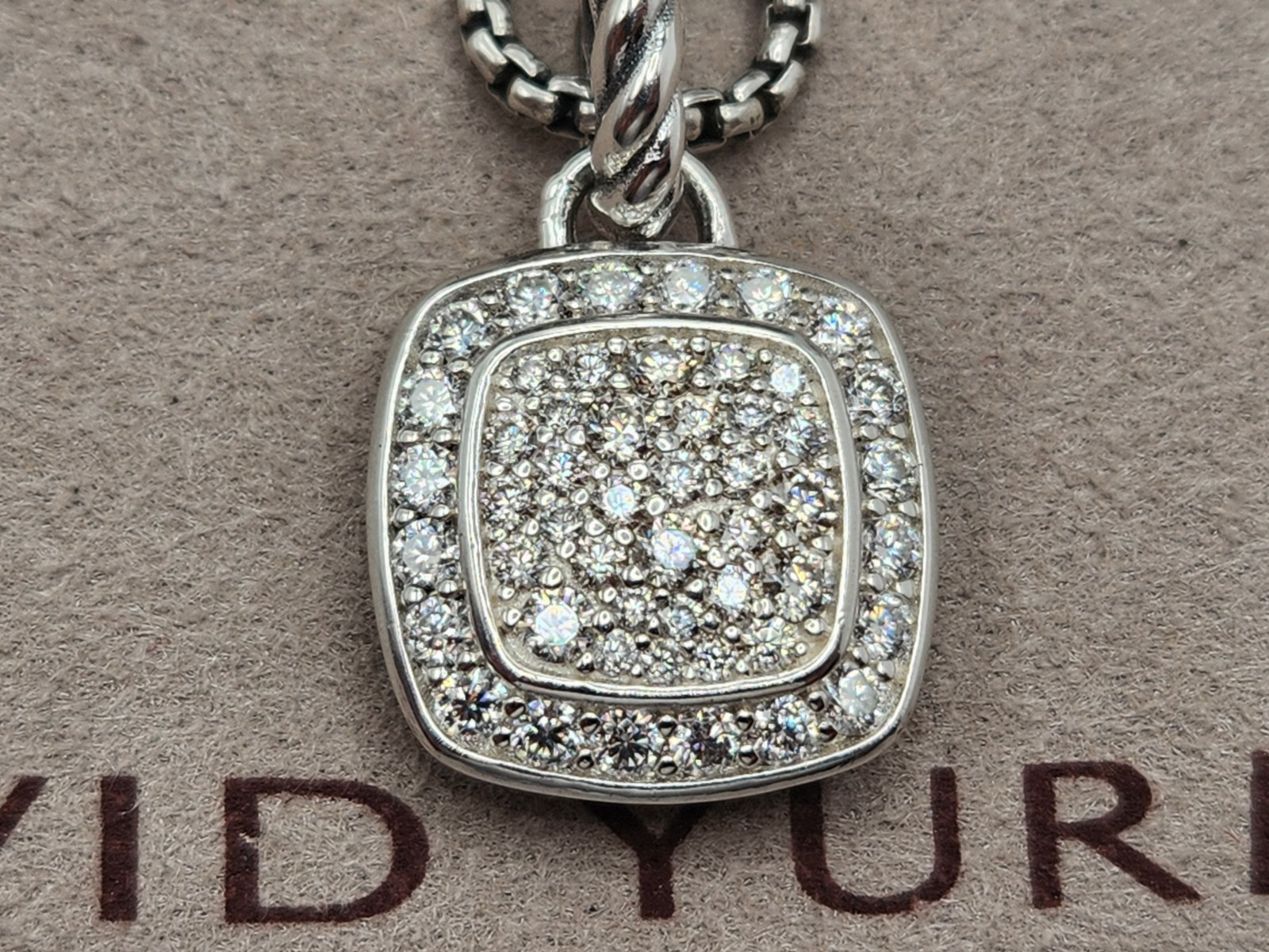 David Yurman 925 Sterling Silver Pavé Diamond Square albion 14mm Necklace 20″