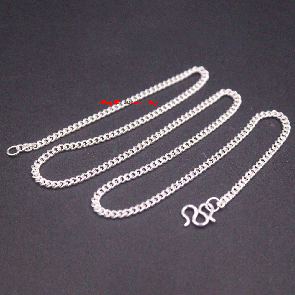 Real 999 Fine Silver 2.8mm Curb Link Chain Women Men Necklace 17.7inch