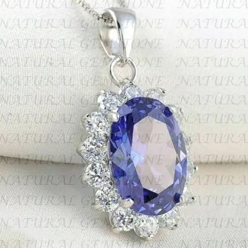 10.0Carat Oval Shape Natural Tanzanite and Diamond Pendant 18K White Gold Plated