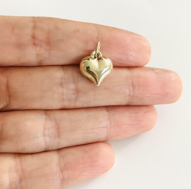 10K Real Gold Puffy Heart 15mm / 0.59″ Pendant, 3-D Puffy Heart Necklace – C2907