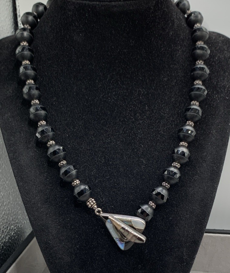 Kelly Charveaux Sterling Silver Black Onyx Beaded Abalone Geometric Necklace 18″