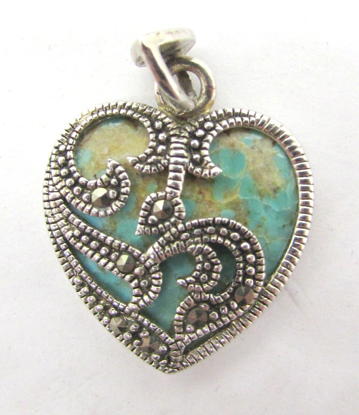 925 STERLING SILVER MARCASITE TURQUOISE HEART PENDANT OR CHARM 27X18 MM ~ 3.2G