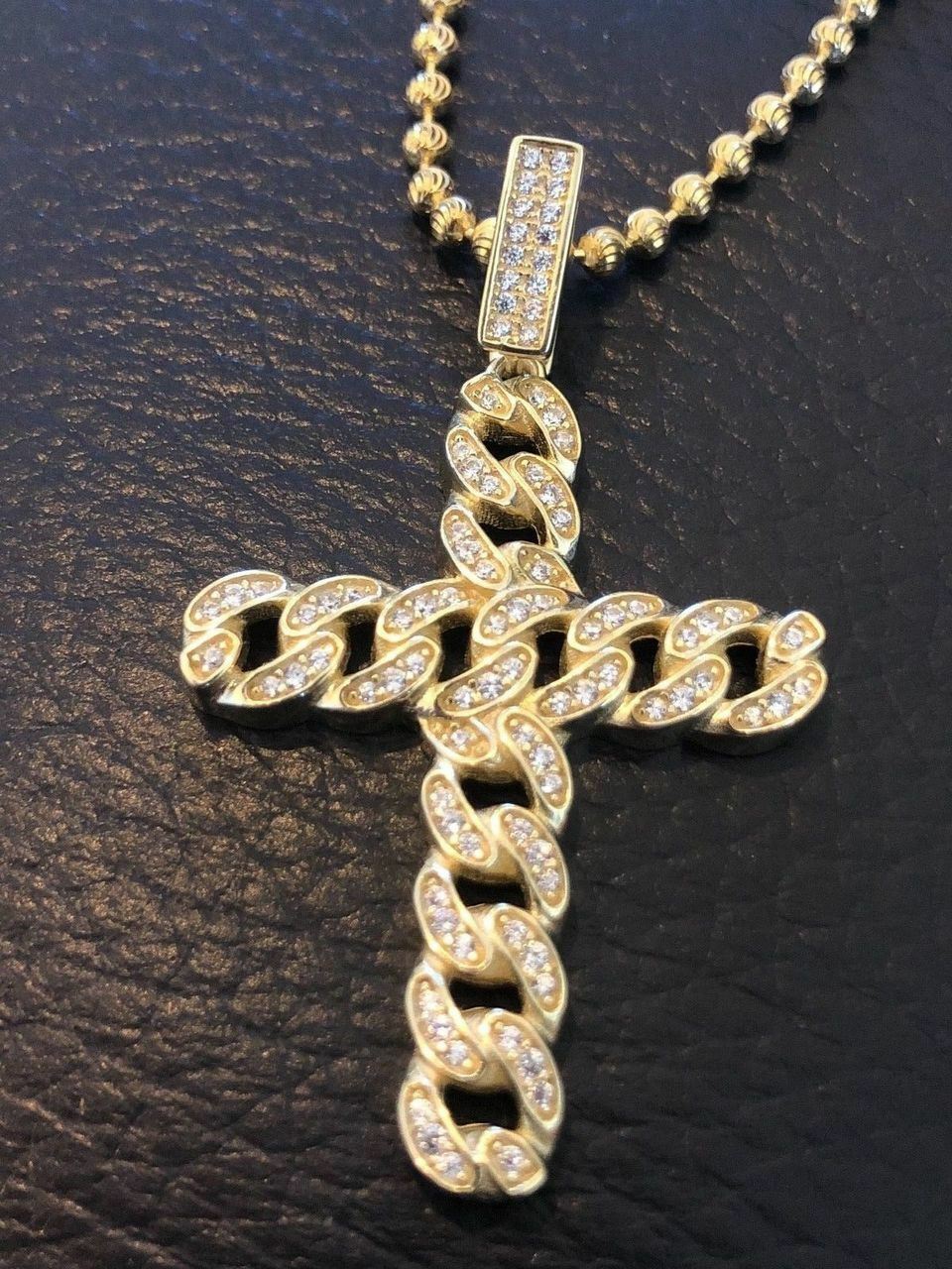 Cuban Link Cross Pendant W. Chain Sterling Silver 925 *14k Gold Plated* CZ
