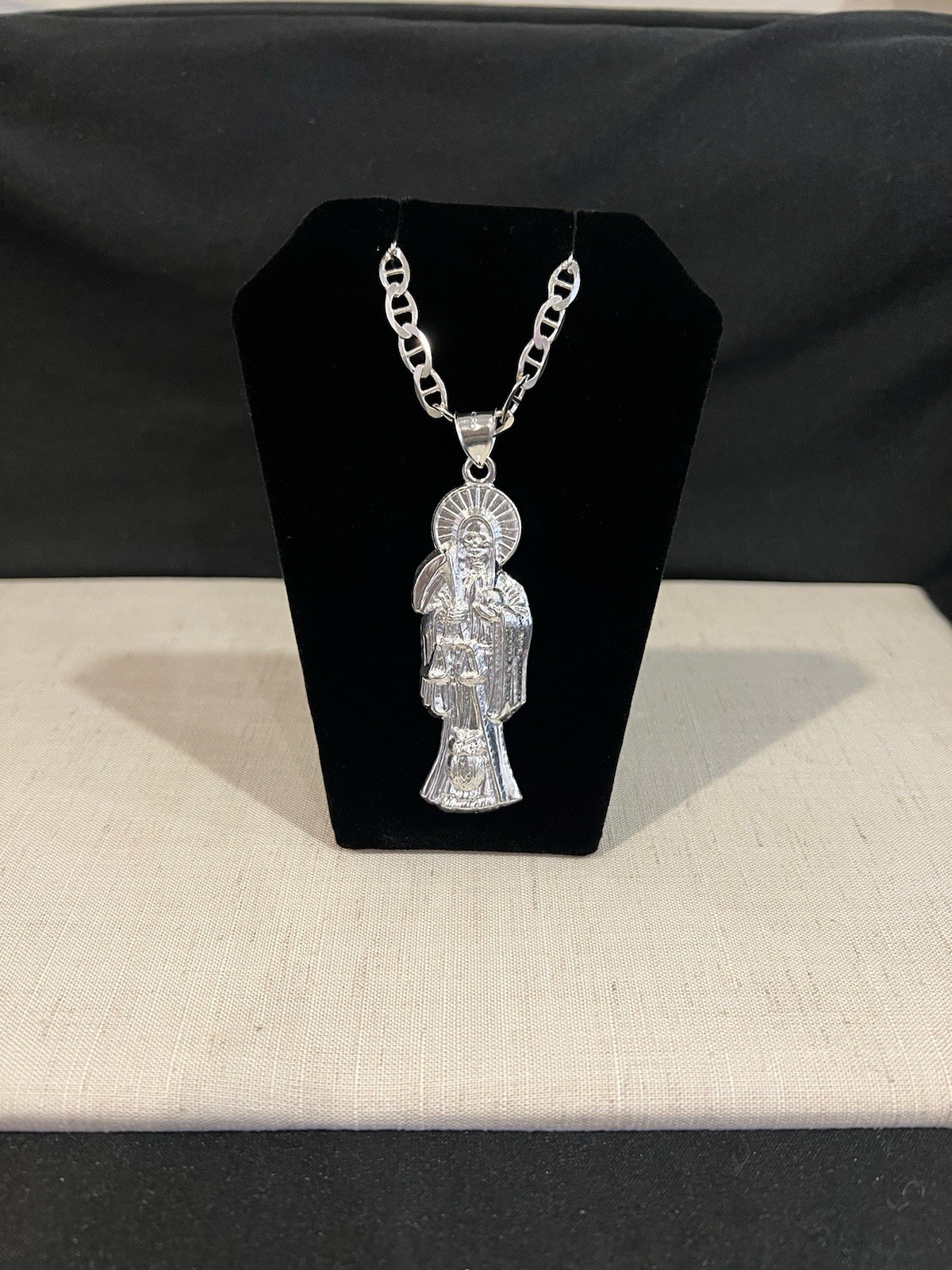 925 Sterling Silver Men Lady Santa Muerte Big Grim Reaper Mariner Chain 22 26 30