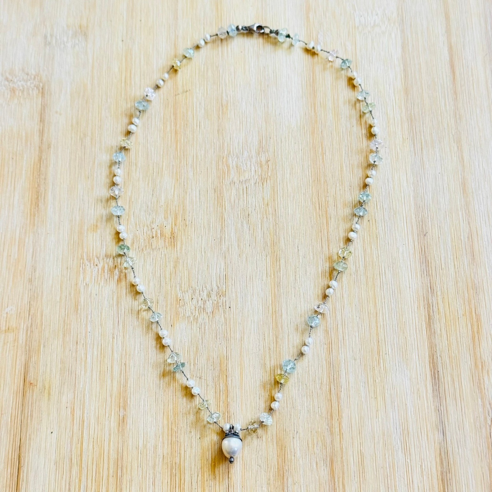 VTG Freshwater Pearl Beaded Choker AquaMarine 90s Necklace Sterling SIlver 925
