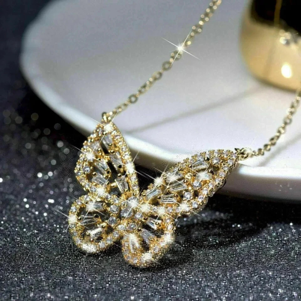 3Ct Baguette Cut VVS1 Diamond Butterfly Pendant 14K Yellow Gold Over Free Chain