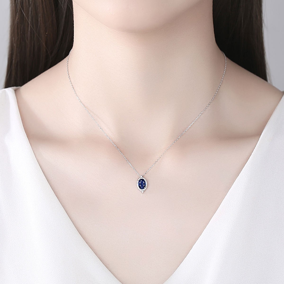 925 Sterling Silver Blue Sapphire Oval Shape Halo Necklace Elegant Women Gift