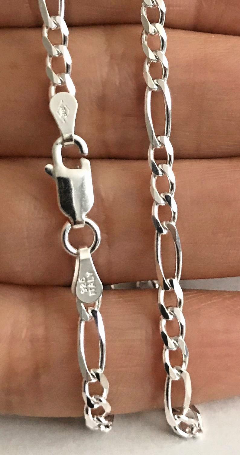Italian 925 Solid Sterling Silver 3mm Figaro Link Chain Necklace- F080