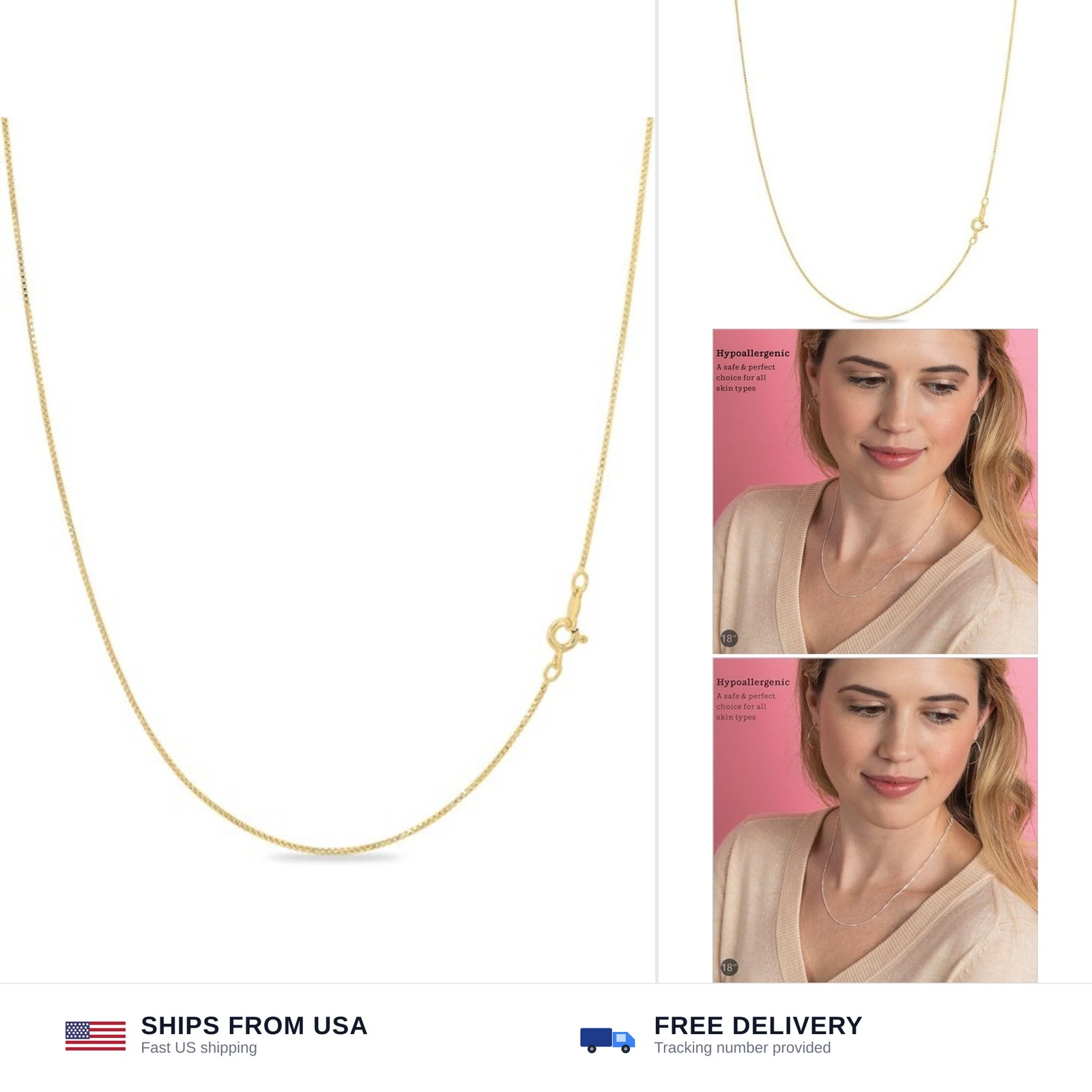 KEZEF 18K Gold Plated 925 Sterling Silver Box Chain Necklace for Women, 1mm T…
