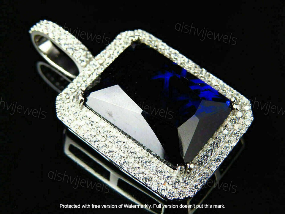 3Ct Emerald Cut Blue Sapphire Halo Pendant 14K White Gold Finish 16” Free Chai