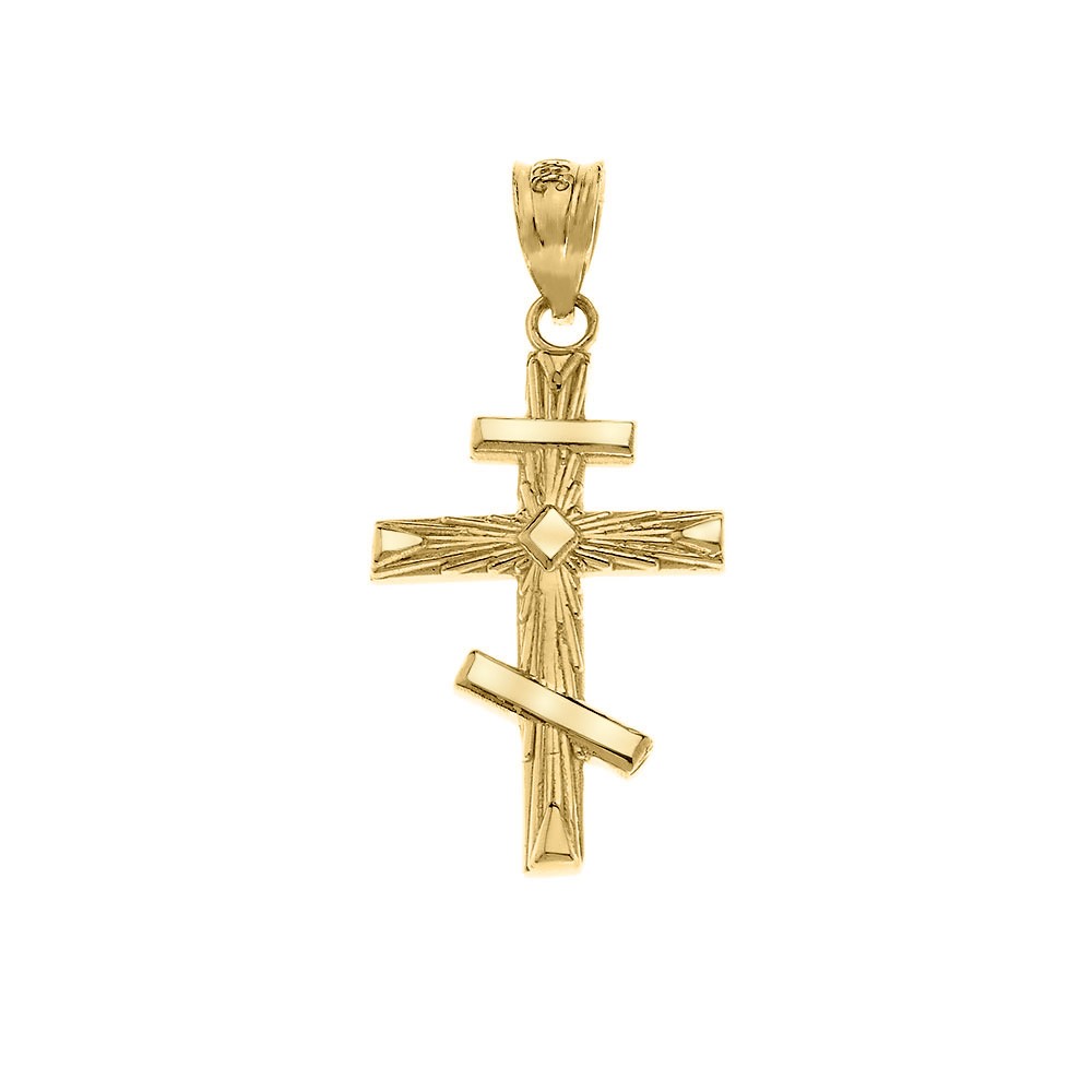 Solid Gold Russian Orthodox Cross Pendant Necklace ( Yellow/Rose/White Gold)