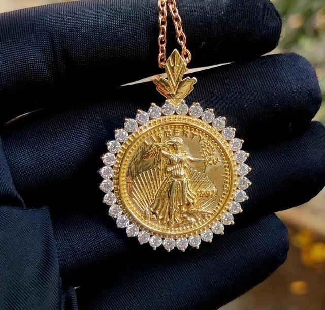 2.70Ct Round Simulated Diamond Liberty Coin Pendant 14K Yellow Gold Plated
