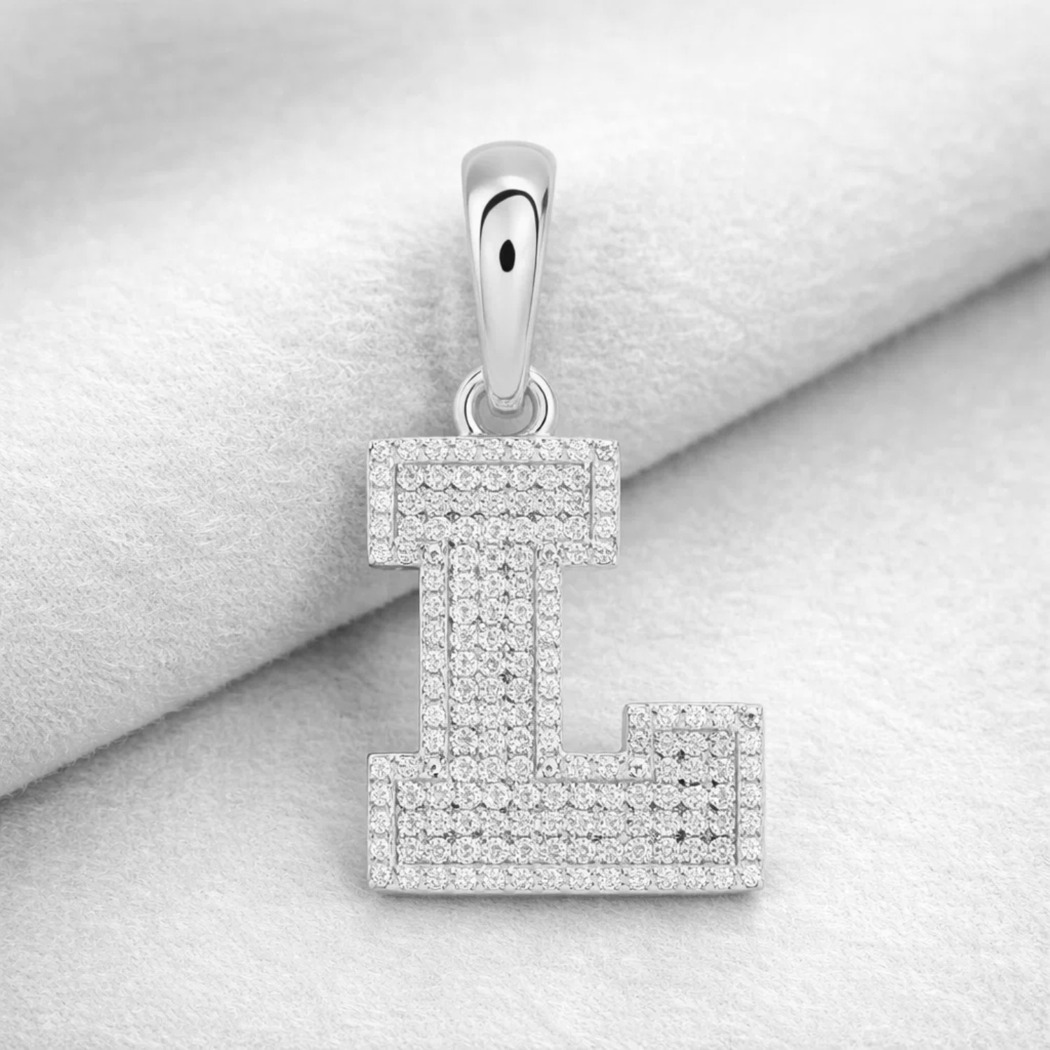 10K White Gold Round Diamond Script Initial L Pendant 1.10″ Letter Charm 0.50 CT