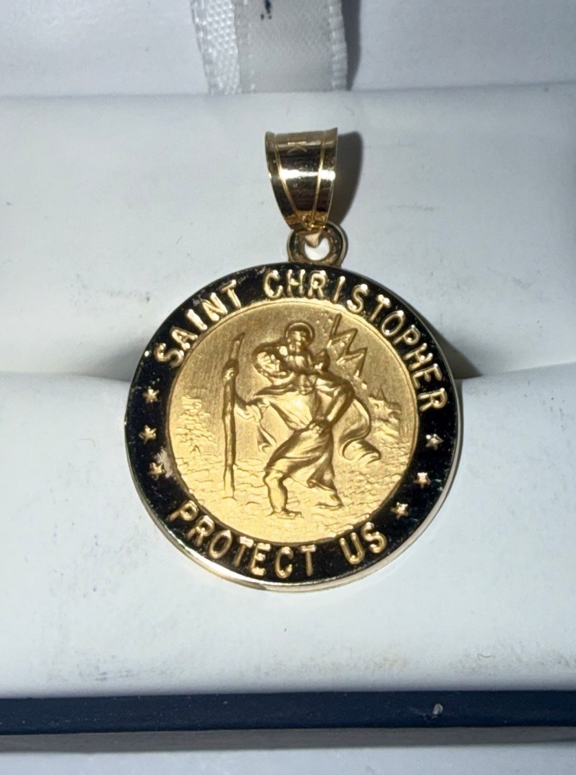 ESTATE Solid 14K Gold Saint Christopher Religious Circle Pendant
