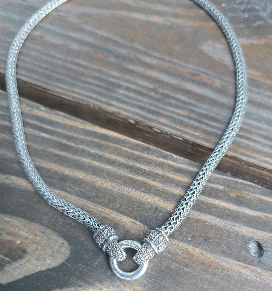 VTG CNA 925 Sterling Silver Marcasite Woven Wheat Chain Front Clasp Necklace 16″