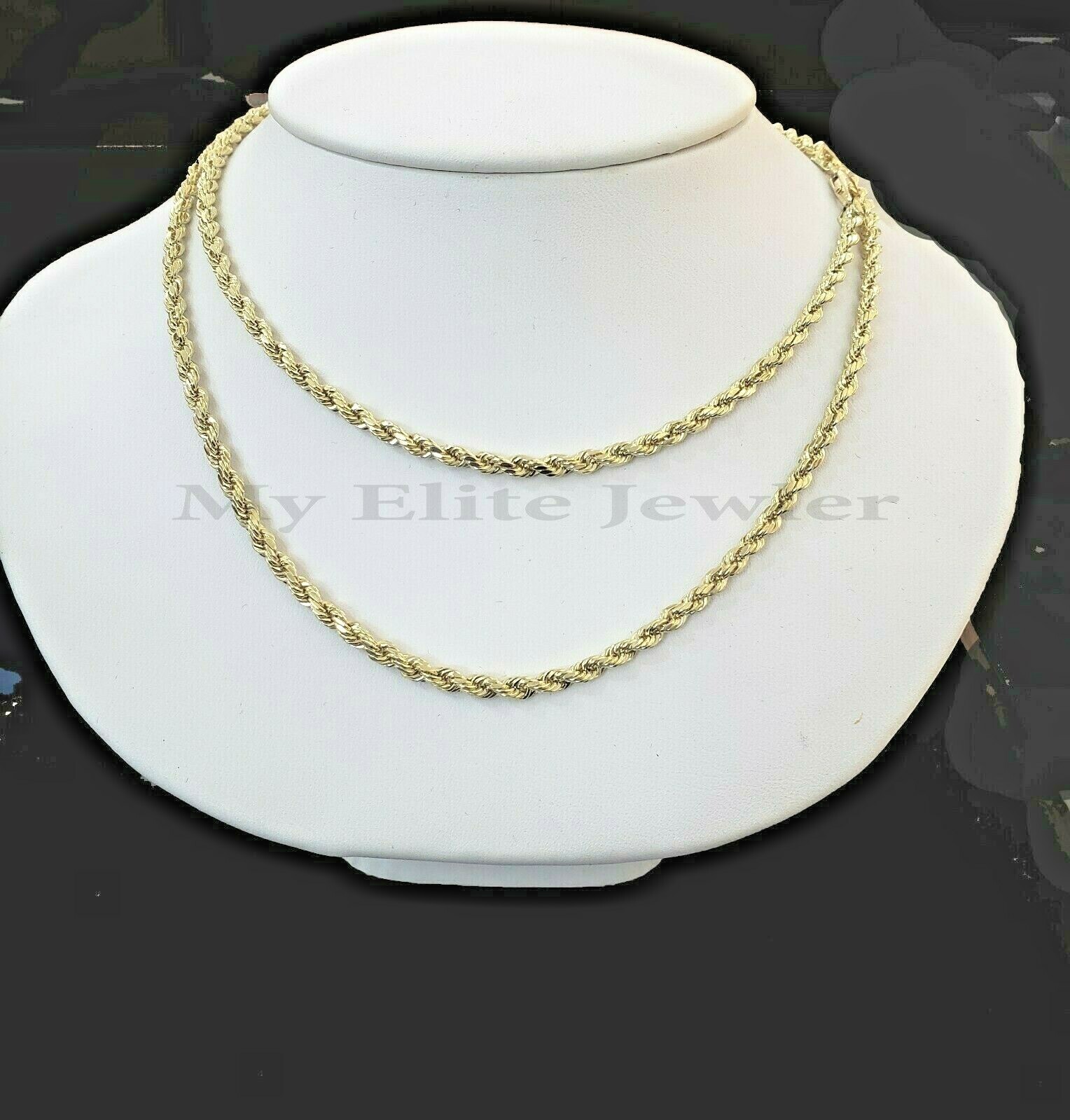 Real 10k Gold Rope chain 3mm 4mm Necklace 10KT yellow Gold 16-30″ Diamond Cut
