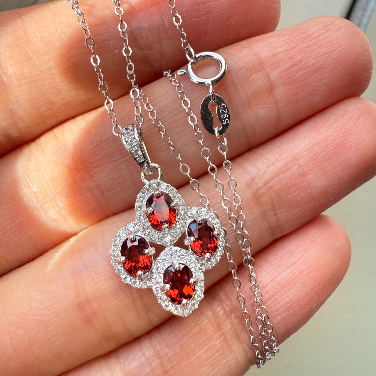 925 Sterling Silver Necklace 4x3mm Natural Garnet Gemstone Zircon Flower Chain