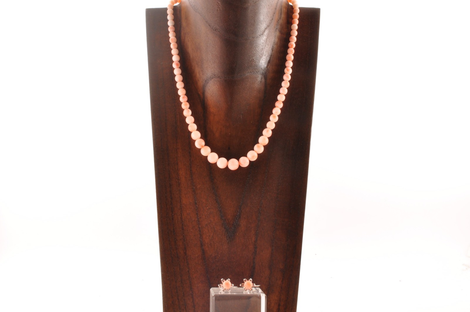 925 silver Angel skin coral Necklace ear clip set (17.3in 135ct) Certificate.