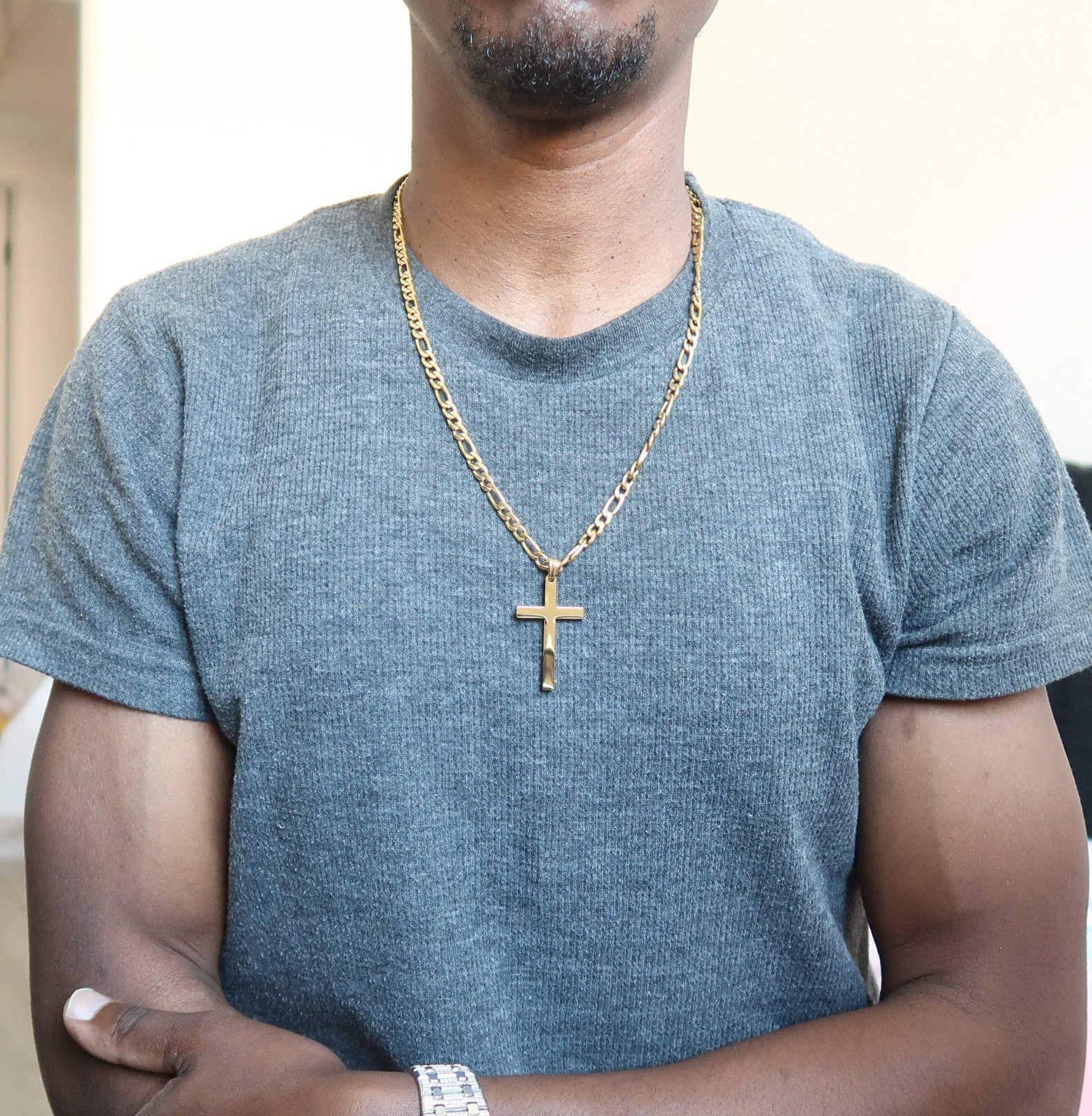 14K Gold Figaro Link Chain Necklace with Cross Pendant – Men’s Fashion Jewelry,