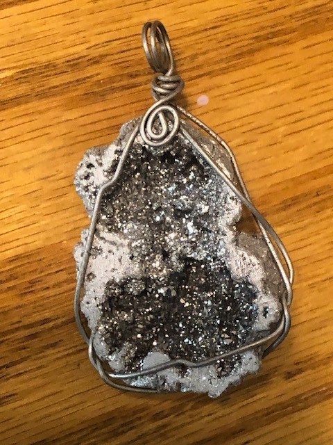 Titanium Raw Geode Silver Druzy Wrapped In Wire Pendant 2 1/4″ x 1 1/2″