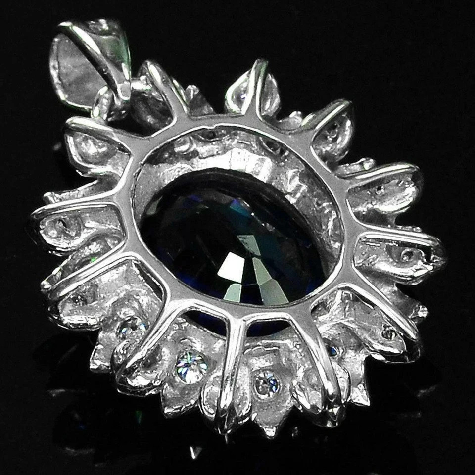7.40Ct Oval Cut Natural Blue Sapphire & Diamond 14K White Gold Luxurious Pendant