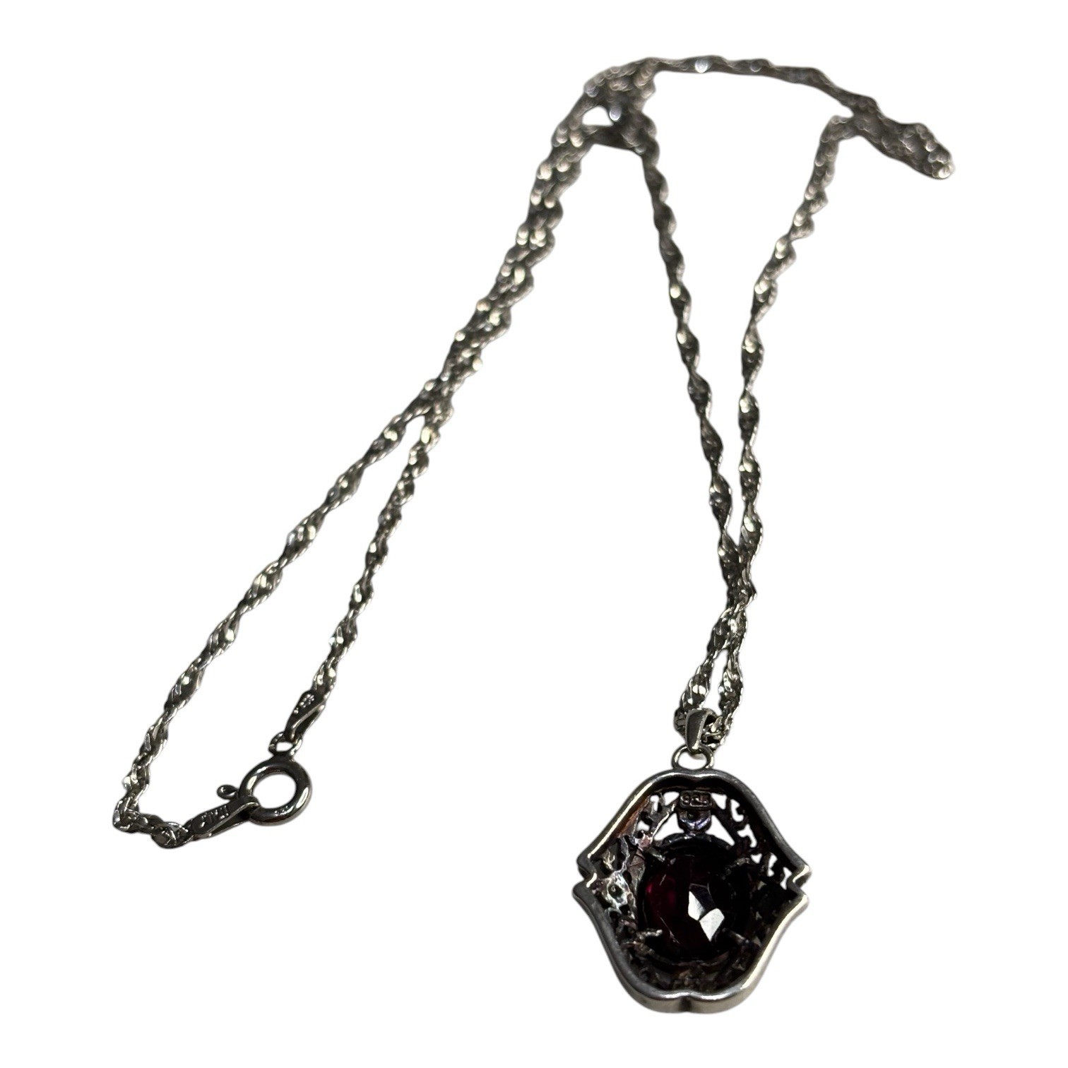 Sterling Silver 925 Garnet Red Marcasite Pendant Necklace Made In Italy Stamped