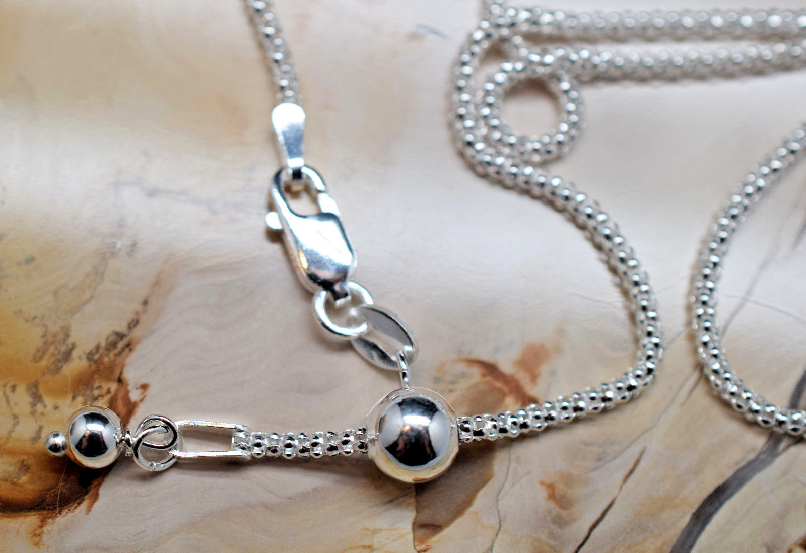 30 Inch 1.8mm Adjustable Popcorn Chain Necklace 925 Sterling Silver Ball Slide