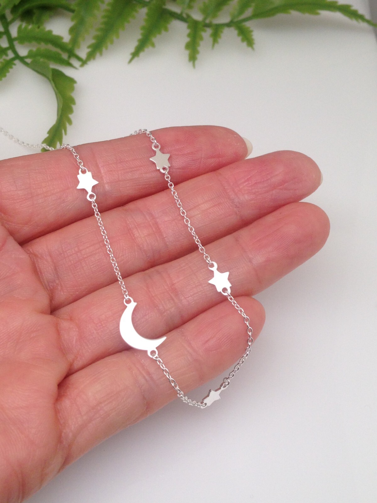 925 Sterling Silver Star Crescent Moon Station Choker Necklace Tiny 4/10mm 15.5″
