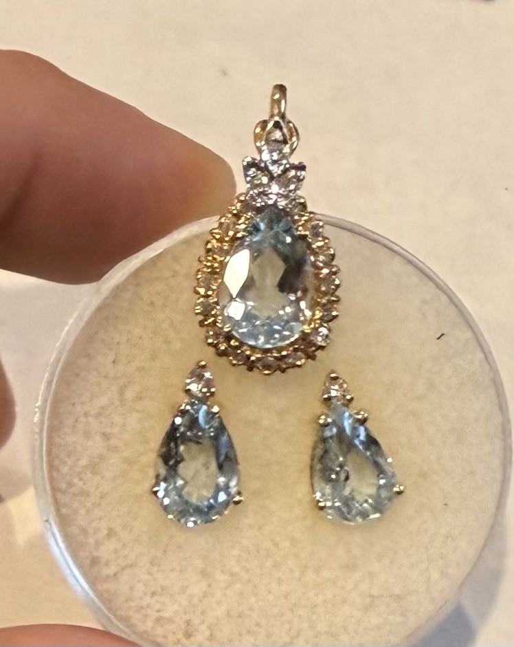 Estate 14k Yellow White Gold Pear Aquamarine Diamond Halo Pendant Lavalier 2ct
