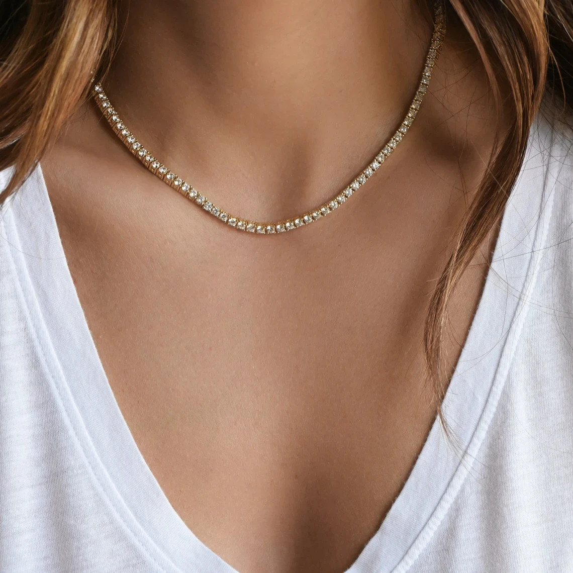 7CT Round Cut Lab Grown Diamond Women’s Tennis Necklace 14K Yellow Gold Over 18″