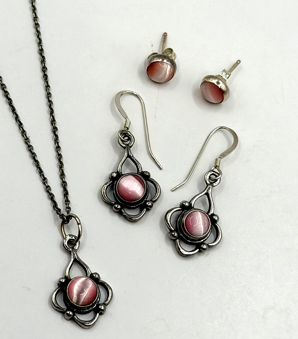 3 Pc Set Pink Cat Eye Necklace + Dangle + Stud Earrings Set 925 Sterling Silver