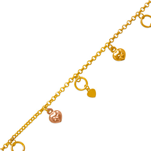 14K Tri Color Gold Charm Bracelet Anklet 2.2mm Link 8.5mm Charm 7″ 10″ for Women